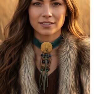 Handmade rustic velvet choker necklace with upcycled African-inspired brooch